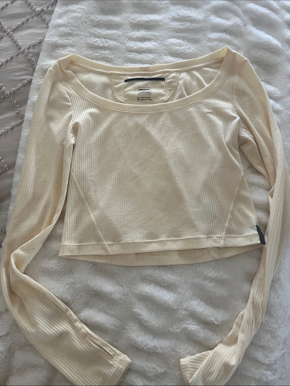 Prana Cream Ribbed Scoop-Neck Long Sleeve Crop Top
